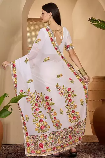 White embroidered belted saree with blouse piece