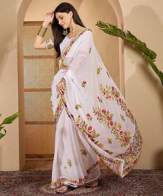 White embroidered belted saree with blouse piece 4
