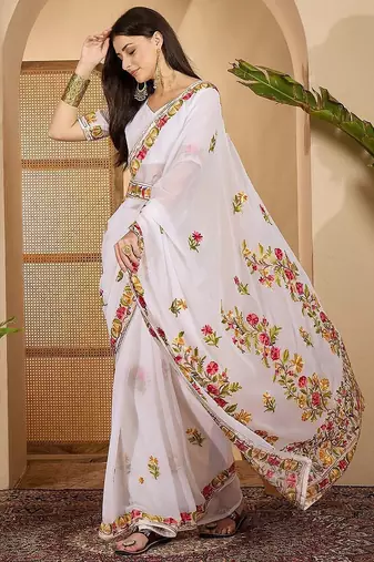 White embroidered belted saree with blouse piece