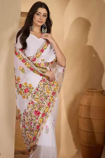 White embroidered belted saree with blouse piece