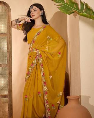 Mustard floral embroidered saree with belt 1