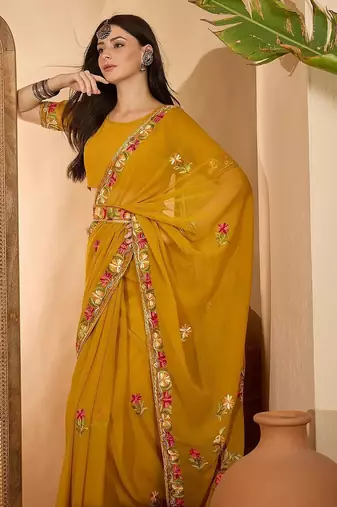 Mustard floral embroidered saree with belt