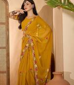 Mustard floral embroidered saree with belt