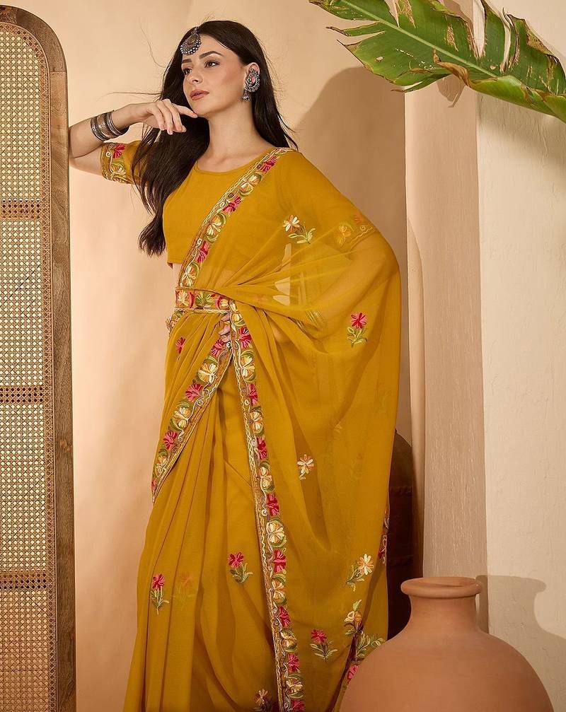 Mustard floral embroidered saree with belt