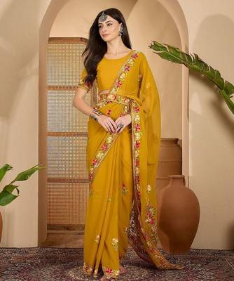 Mustard floral embroidered saree with belt 2