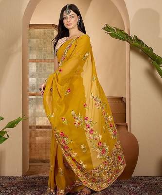 Mustard floral embroidered saree with belt 3