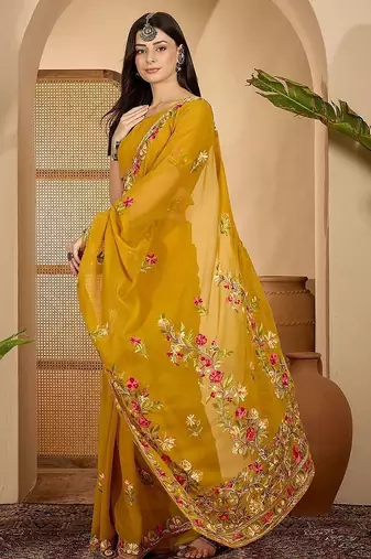 Mustard floral embroidered saree with belt
