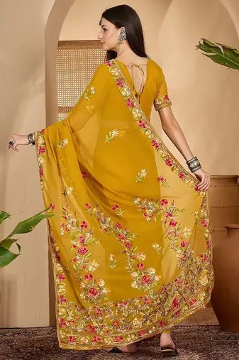 Mustard floral embroidered saree with belt