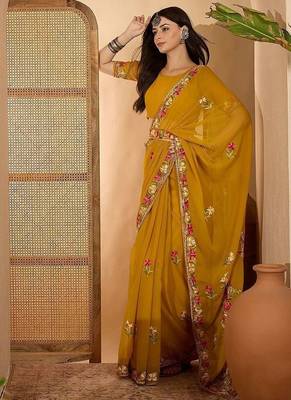 Mustard floral embroidered saree with belt 5