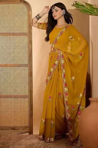 Mustard floral embroidered saree with belt