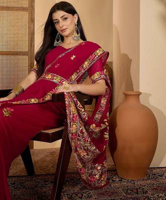 Magenta floral embroidered belted  georgette saree with blouse piece 1