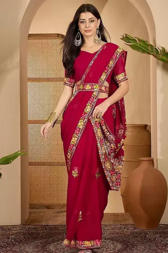 Magenta floral embroidered belted  georgette saree with blouse piece