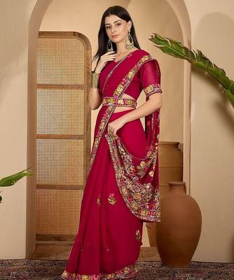 Magenta floral embroidered belted  georgette saree with blouse piece 3