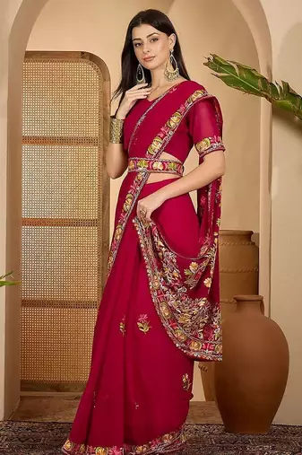 Magenta floral embroidered belted  georgette saree with blouse piece
