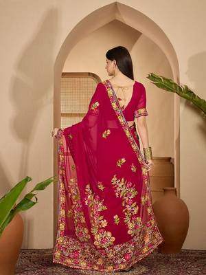 Magenta floral embroidered belted  georgette saree with blouse piece 4