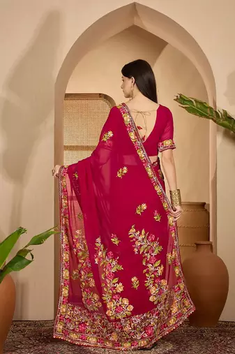 Magenta floral embroidered belted  georgette saree with blouse piece