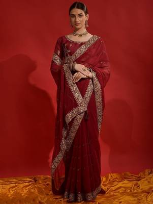 Maroon georgette embroidered saree with matching blouse 1