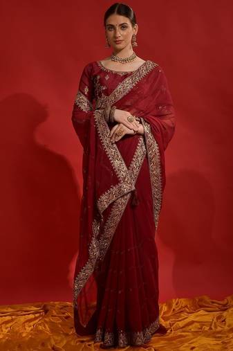 Maroon georgette embroidered saree with matching blouse