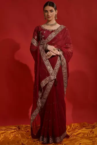 Maroon georgette embroidered saree with matching blouse