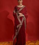 Maroon georgette embroidered saree with matching blouse