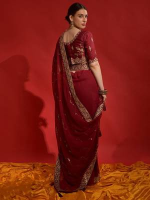 Maroon georgette embroidered saree with matching blouse 2