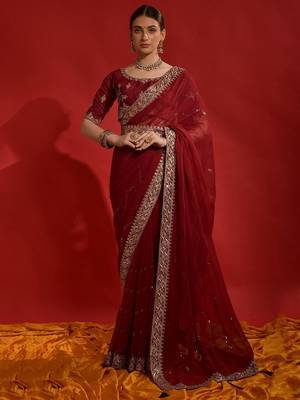 Maroon georgette embroidered saree with matching blouse 3