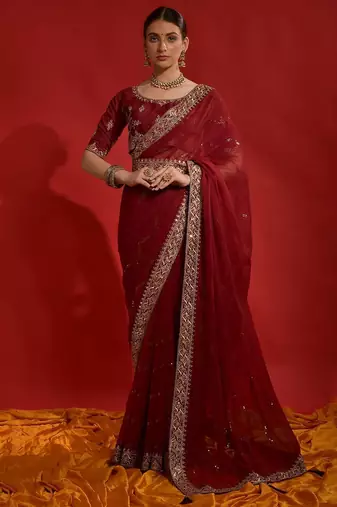 Maroon georgette embroidered saree with matching blouse