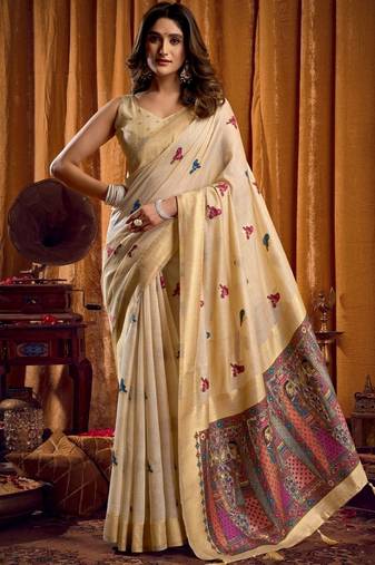 Cream woven design khadi sarees with unstiched blouse