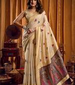 Cream woven design khadi sarees with unstiched blouse