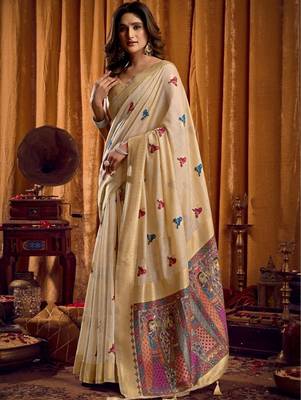 Cream woven design khadi sarees with unstiched blouse 2