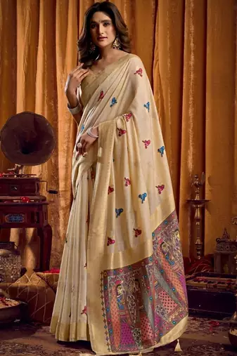 Cream woven design khadi sarees with unstiched blouse