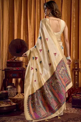 Cream woven design khadi sarees with unstiched blouse