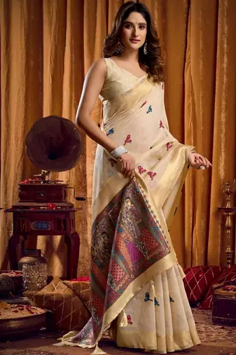 Cream woven design khadi sarees with unstiched blouse