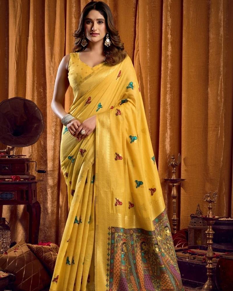 Mustard woven design khadi sarees  with unstiched blouse