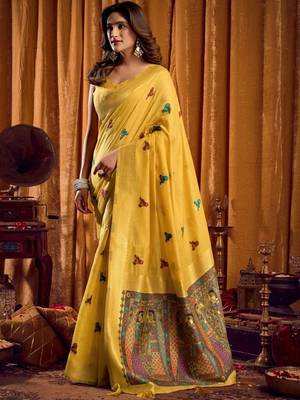 Mustard woven design khadi sarees  with unstiched blouse 2