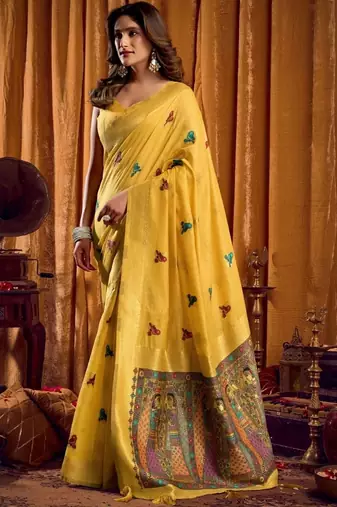 Mustard woven design khadi sarees  with unstiched blouse