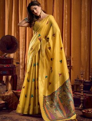 Mustard woven design khadi sarees  with unstiched blouse 4