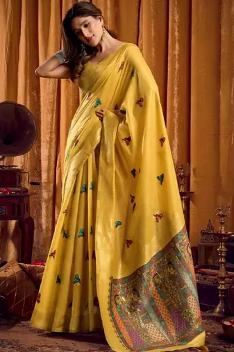 Mustard woven design khadi sarees  with unstiched blouse