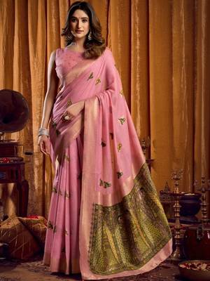 Pink woven design khadi sarees  with unstiched blouse 1