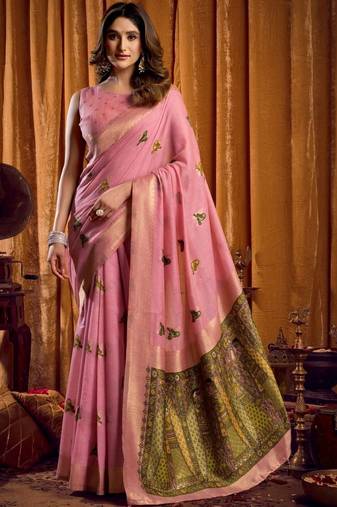 Pink woven design khadi sarees  with unstiched blouse