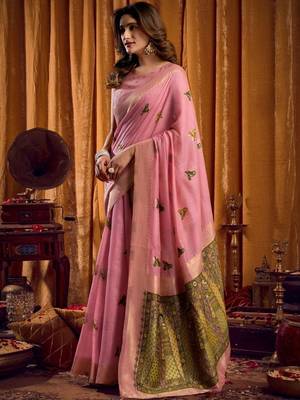Pink woven design khadi sarees  with unstiched blouse 2