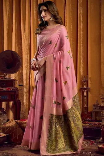 Pink woven design khadi sarees  with unstiched blouse