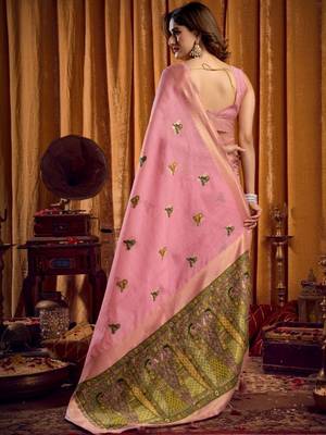 Pink woven design khadi sarees  with unstiched blouse 3