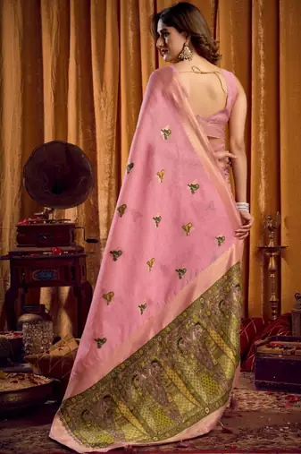 Pink woven design khadi sarees  with unstiched blouse