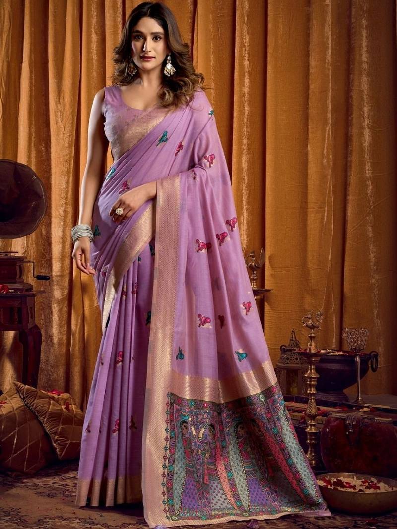 Lavender woven design khadi sarees  with unstiched blouse