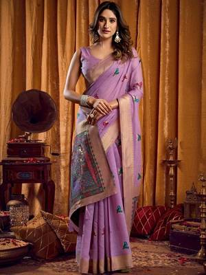 Lavender woven design khadi sarees  with unstiched blouse 4