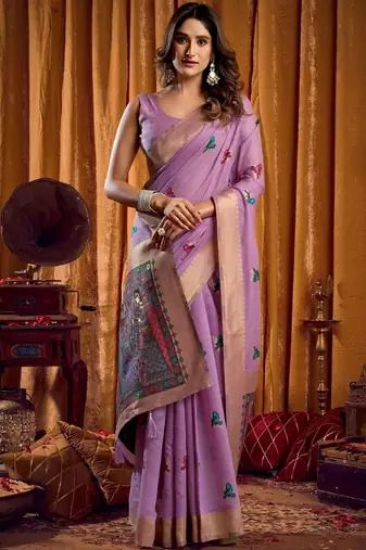 Lavender woven design khadi sarees  with unstiched blouse