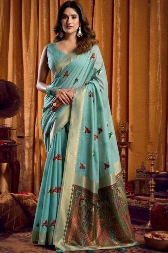 Teal woven design khadi sarees with unstiched blouse