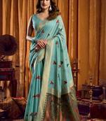 Teal woven design khadi sarees with unstiched blouse