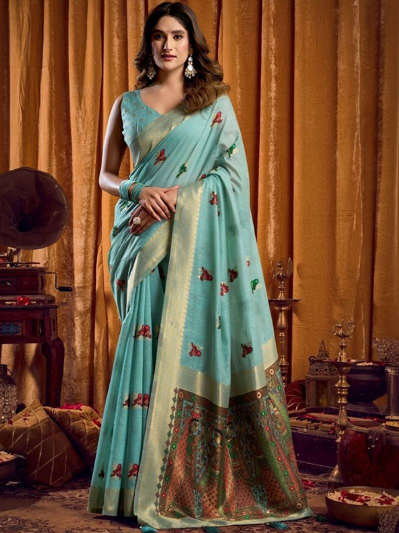 Teal woven design khadi sarees with unstiched blouse
